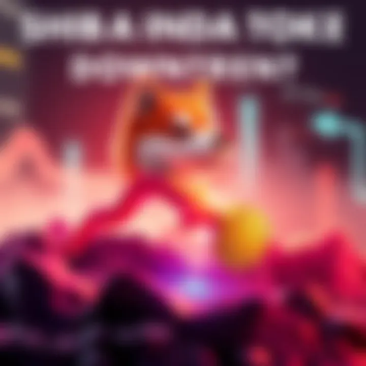 Representing the decline of Shiba Inu (SHIB) cryptocurrency with a downward arrow and a falling coin graphic.