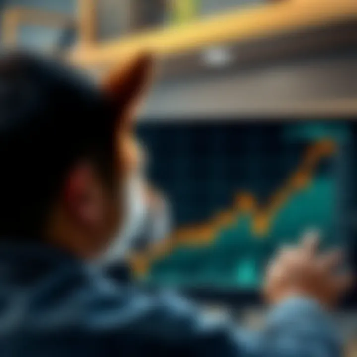 Shiba Inu Investment Journey A person looking at a graph showing the rise and fall of Shiba Inu investments over four years, with mixed emotions.