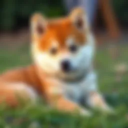 Shiba Inu puppy sitting on grass A playful Shiba Inu puppy resting on green grass, showing its fluffy coat and curious expression