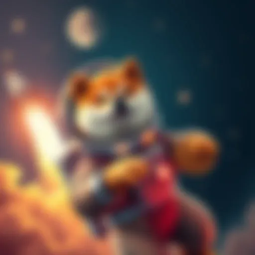 A Shiba Inu dog in an astronaut suit, symbolizing the rise of the Shiba Inu cryptocurrency, with rocket flames and stars in the background.