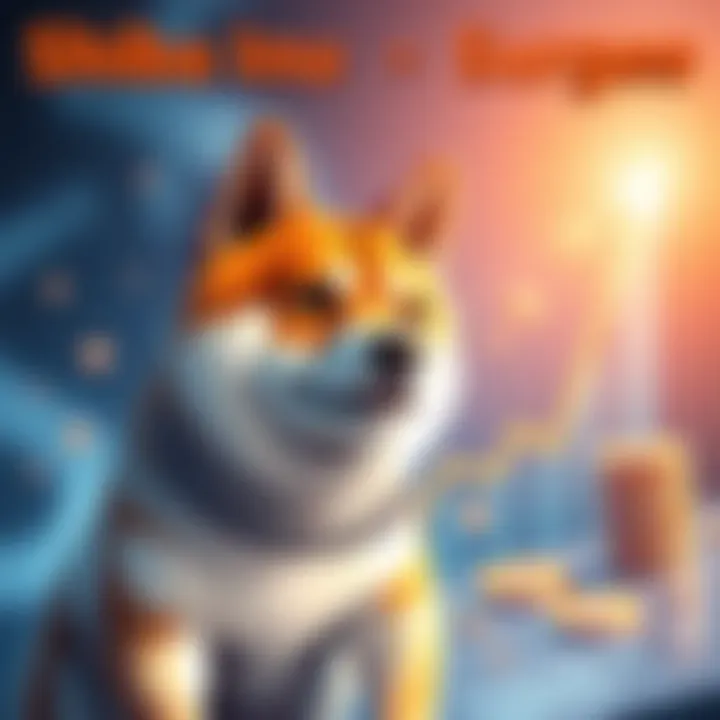 A graphic representing the rise in Shiba Inu token value, featuring a Shiba Inu dog next to upward trending charts and coins.