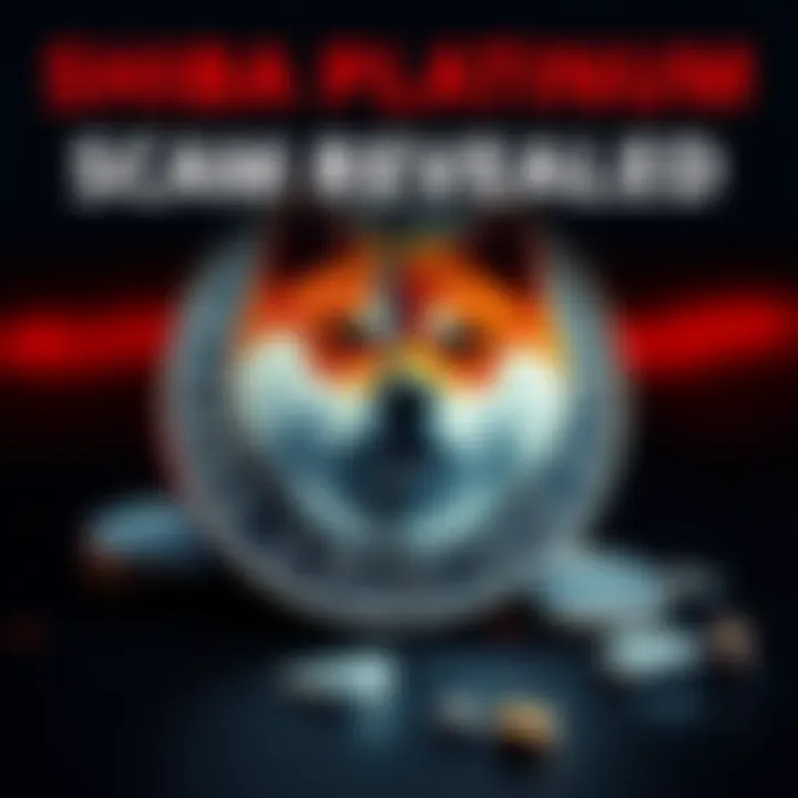 A graphic showing a broken Shiba Inu coin symbolizing the Shiba Platinum scam, with a dark background and signs of deception.