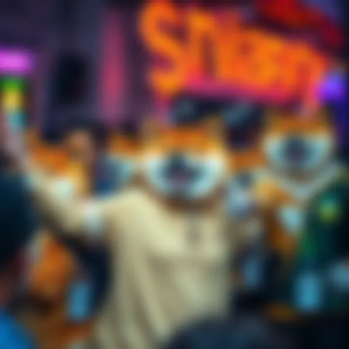 A diverse group of people wearing Shiba Inu themed clothing, celebrating together at a cryptocurrency event, showcasing enthusiasm for the Shibarmy movement.