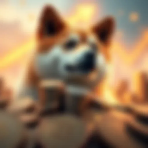 A Shiba Inu dog surrounded by coins, symbolizing the crypto surge, with a bright upward arrow in the background.