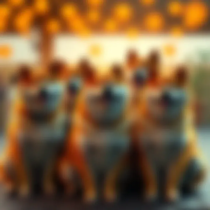 A group of friendly shibes sitting together, showing support and camaraderie among each other.