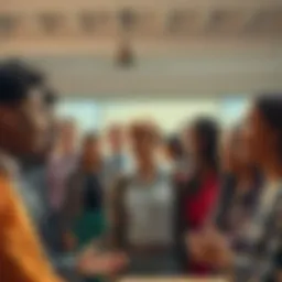 A group of diverse people discussing important issues in a bright setting, showing varied emotions of hope and curiosity.