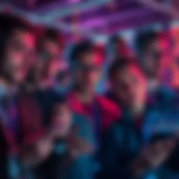 A group of shocked investors looking at cryptocurrency charts on their devices, expressions of disbelief on their faces.