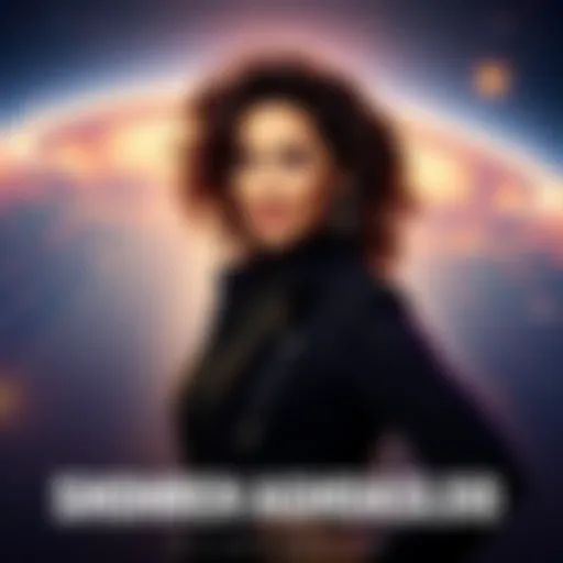 Shohreh Aghdashloo, known for her role in The Expanse, poses confidently with a celestial background, symbolizing her potential as the new host of Cosmos.