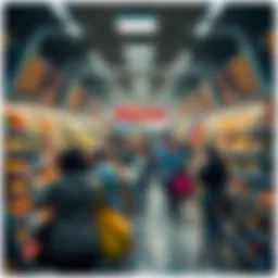 A busy grocery store with shoppers rushing to grab items from shelves amid panic buying