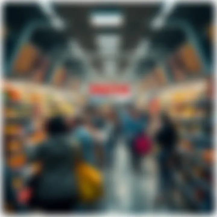 A busy grocery store with shoppers rushing to grab items from shelves amid panic buying