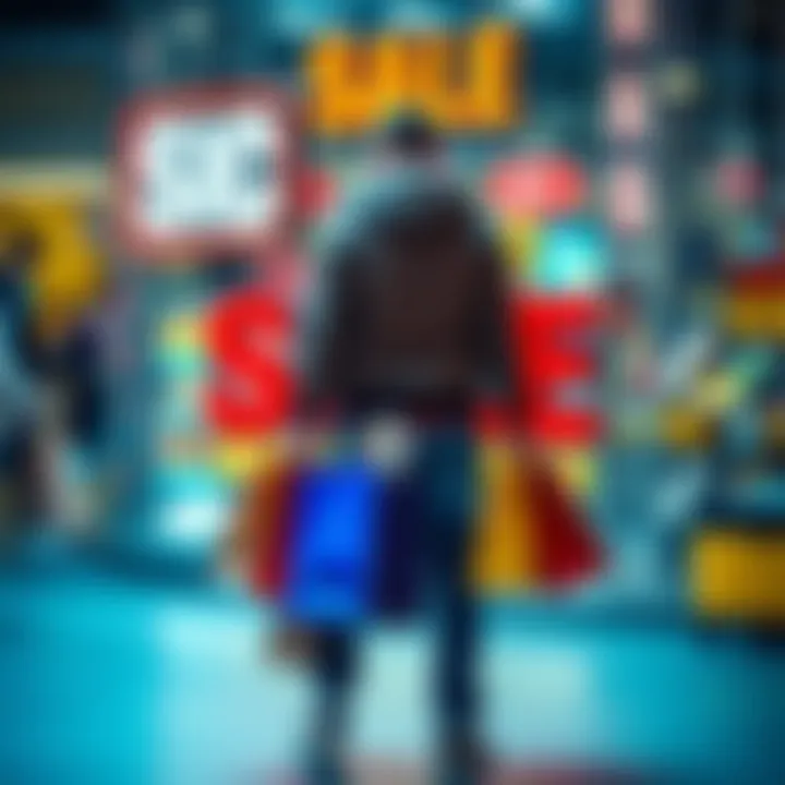 A person holding shopping bags filled with products, standing in front of a sale sign with discounts displayed.