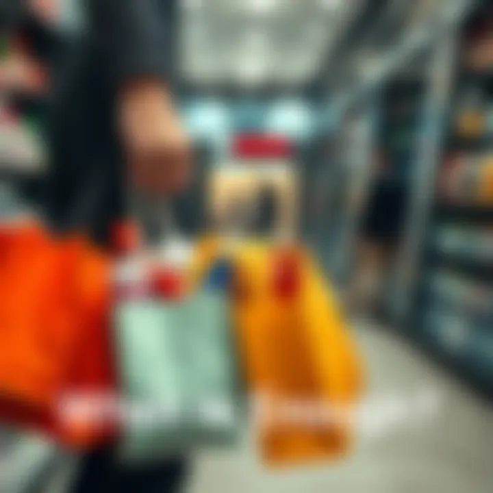 A person holding shopping bags filled with various products in a store setting, contemplating their purchases.