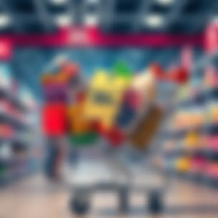 A shopping cart filled with various products and a tag showing discounts, symbolizing smart buying decisions.
