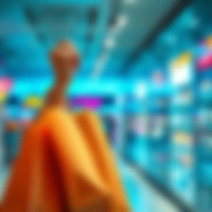 A person holding a shopping bag while looking at a price tag and thinking about whether to buy now or wait.