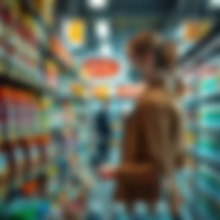 A shopper looking at various safe reta products in a store, examining quality and labels.