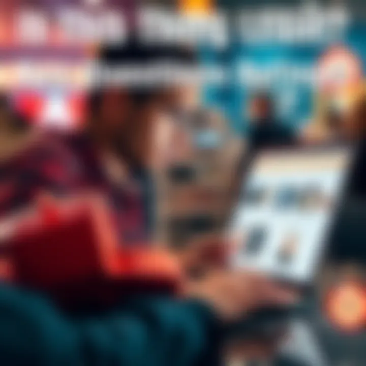 A person looking at a laptop with various product listings and question marks, considering a purchase.