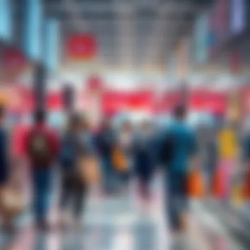 A busy shopping mall with people carrying bags and looking at products, showing a rise in consumer purchases