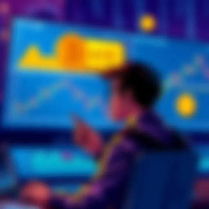 Illustration of a person analyzing charts with Bitcoin and ETF symbols, considering investment strategies