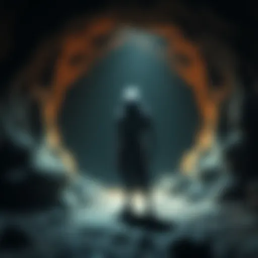 Shrike in a Cave A visualization of the Shrike character from Hyperion standing in a dark cave with eerie lighting and textured surroundings.