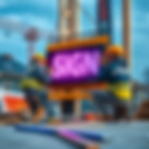 Two sign makers installing a sign on a construction site with tools and materials around them