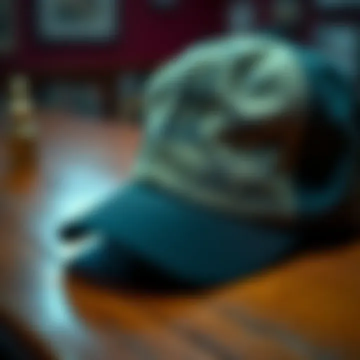 A close-up of a hat with multiple signatures from notable figures, displayed on a wooden table