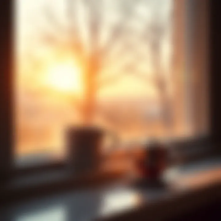 A warm cup of coffee sits on a sunlit windowsill with a cozy view outside
