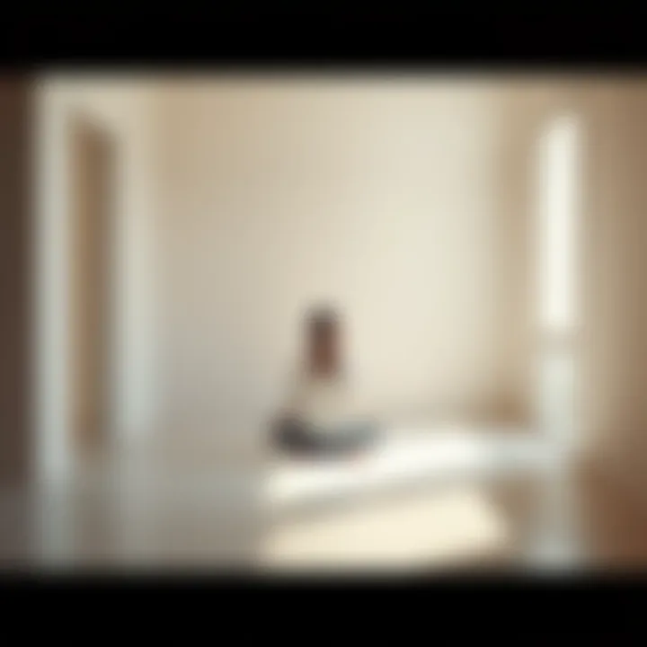 A person sitting peacefully in a minimalist room with natural light, enjoying a moment of clarity and stillness.