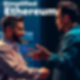 A person explains Ethereum using easy analogies to another person, with visual examples like smart contracts and DeFi concepts