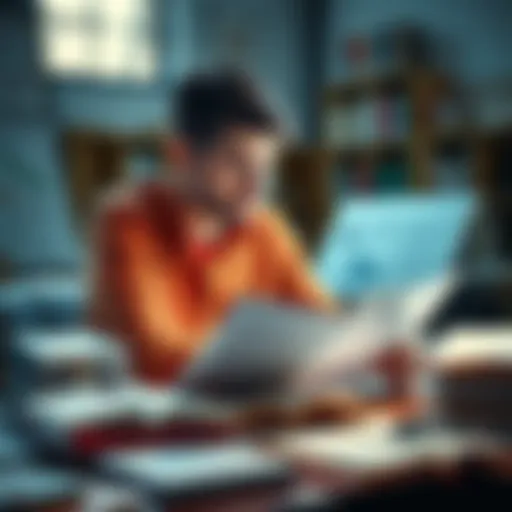 A person studying complex ideas with books and notes spread around, looking focused and engaged
