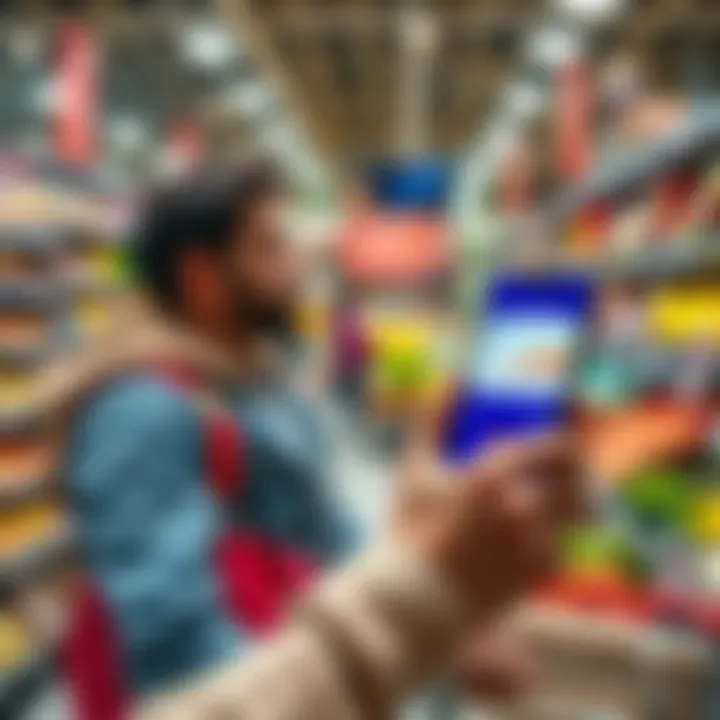 A person shopping for groceries with a smartphone displaying a crypto exchange app, showing an easy purchasing process