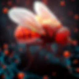 A visual representation of a simulated fruit fly brain designed for Bitcoin mining, showcasing organic neurons in action, with digital graphics representing cryptocurrency mining processes.