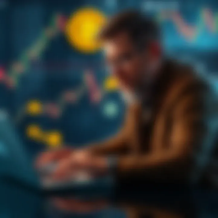 A concerned investor analyzing a Bitcoin trend chart on a laptop, with visible cryptocurrency symbols and an economic graph in the background.