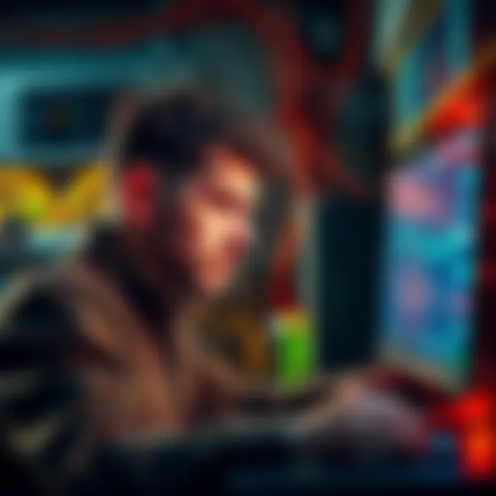 A frustrated miner looking at a computer screen showing low mining speeds and statistics