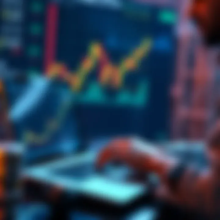 Person analyzing small cap altcoins on a laptop with a chart showing rising trends in the background.