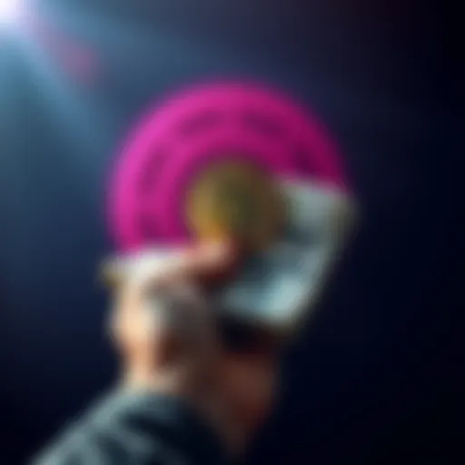 A hand holding a small stack of cash with a Bitcoin symbol in the background, representing investing small amounts in Bitcoin.