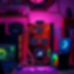 A small Bitcoin mining rig with several graphics cards and cooling fans set up in a home environment