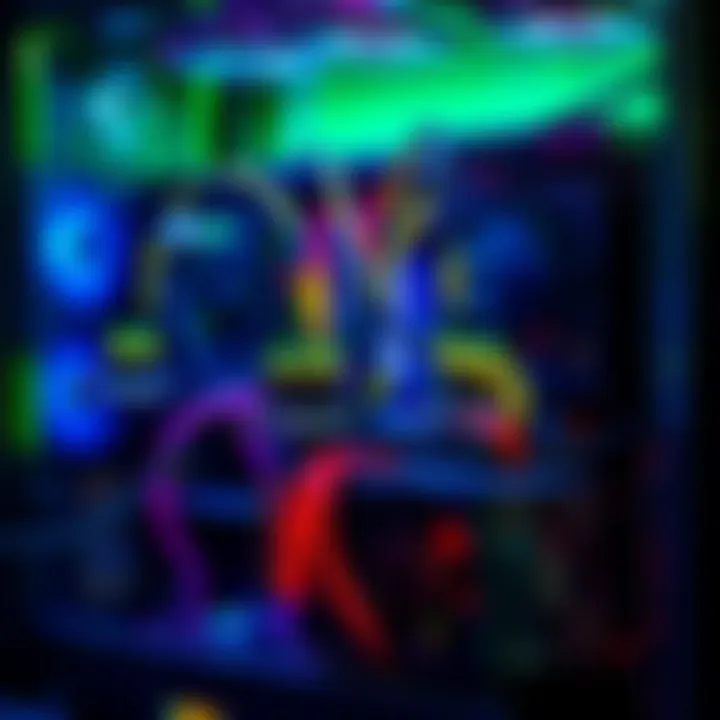 Small Mining Rig Setup A small mining rig with several graphics cards connected to a computer setup, showing wires and cooling fans.