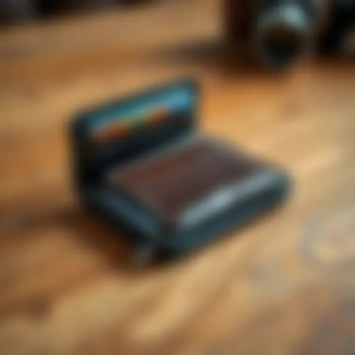 A small leather wallet open on a wooden table, showing its compartments and cards inside.