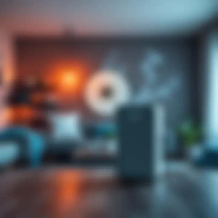 A modern DePIN device placed in a home setting, showcasing its sleek design, while fresh air flows around it.