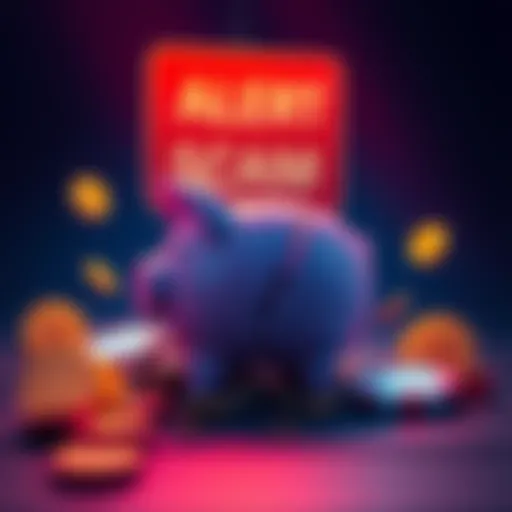 A warning sign about smart contract scams, featuring a broken piggy bank and digital currency symbols around it.