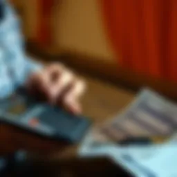 A person budgeting their finances with a calculator and paycheck, planning investments through dollar-cost averaging.