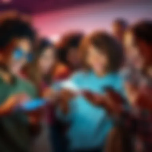 People laughing at funny social media posts A group of diverse people looking at their phones and laughing together at funny social media reactions