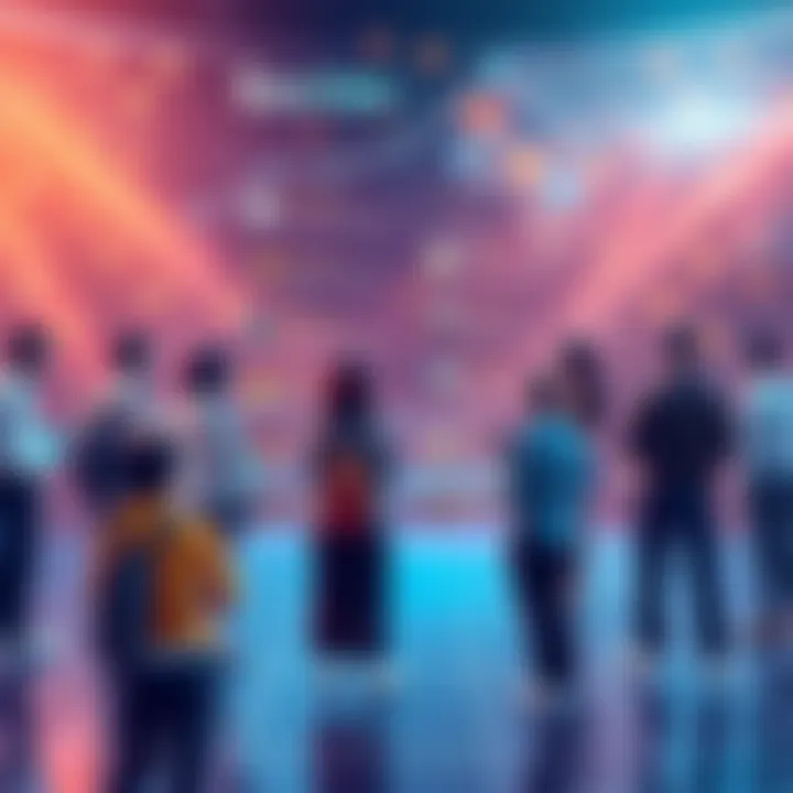 Illustration of people interacting on a digital platform with friend lists and comment sections visible