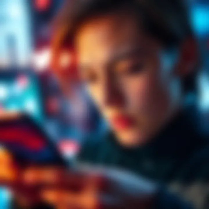 A person looking at a smartphone with social media icons around, reflecting digital interaction in daily life.