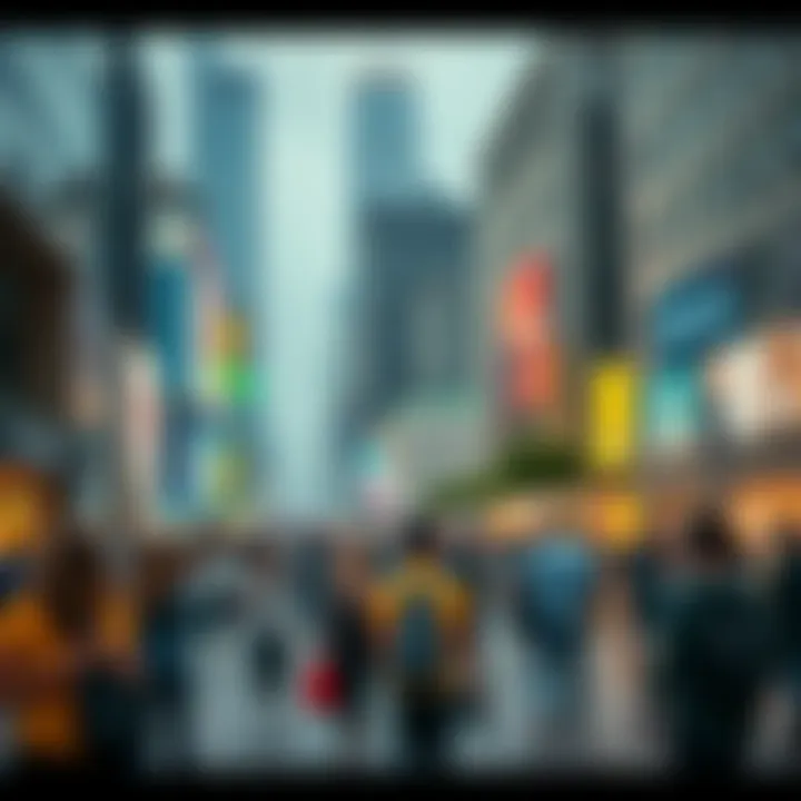 A diverse group of people interacting in a bustling city square, showcasing changes in social behavior and technology after five years apart.