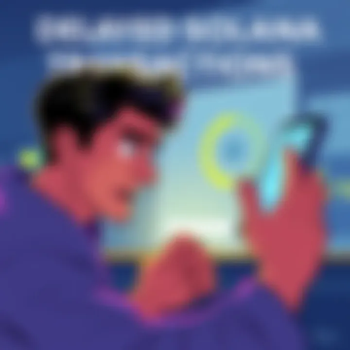 Illustration showing a frustrated person looking at a screen with a loading symbol, representing delays in Solana deposits and withdrawals.