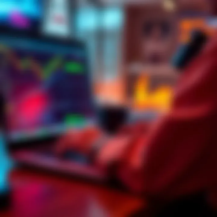 A person coding a trading bot on a laptop, with graphs and charts on the screen showing market data.