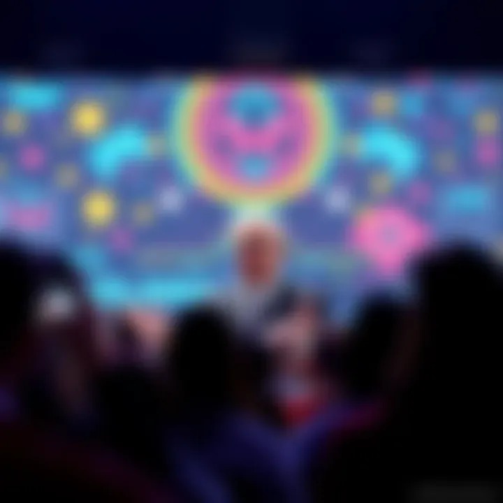 The president of the Solana Foundation addressing an audience about the future of crypto gaming, with a backdrop of gaming graphics and blockchain symbols.