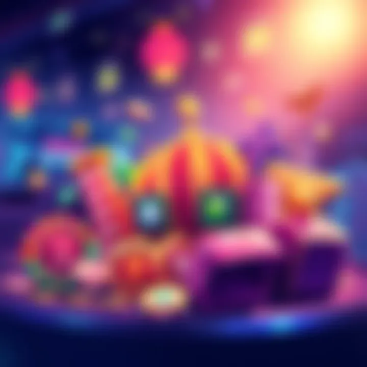 An illustration showing various icons of gambling dapps on the Solana blockchain, with a vibrant casino theme.