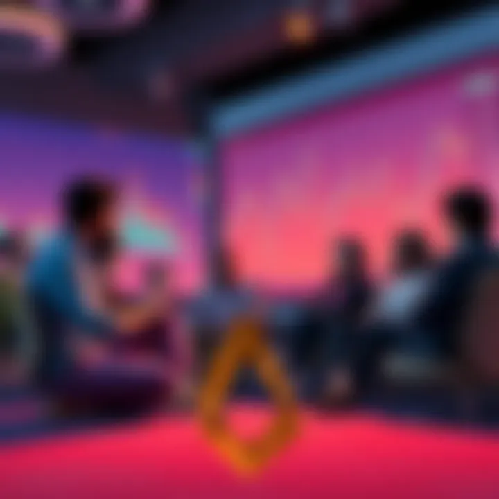 A group of people discussing staking strategies for SOL in a casual setting, with charts showing crypto trends in the background.